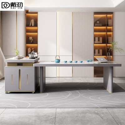 戴劲现代轻奢岩板餐桌岛台茶桌烧水壶一体桌客厅泡茶桌椅2.2米单桌+一桌四椅