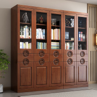 青木川 中式实木书柜书架落地靠墙带玻璃门客厅书房卧室收纳储物柜多层置物文件资料柜立柜两门三门五门组合办公室书橱
