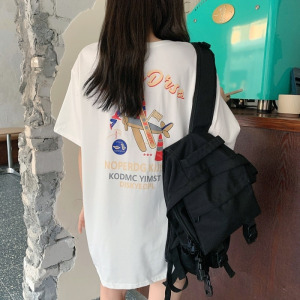 前后印花夏装韩版女式新款中长款短袖T恤女宽松学生情侣衣服