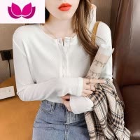 七斓长袖t恤女装白色打底衫修身显瘦纽扣洋气小衫内搭上衣