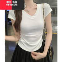 YIBUSHENG蓝色v领正肩短袖t恤女2024新款季掐腰打底衫紧身甜辣短款小上衣