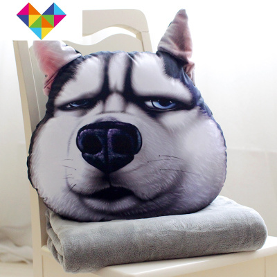 冬季搞怪搞笑狗头午睡小枕头哈士奇二哈暖手抱枕被子两用靠垫毯子御蓝锦