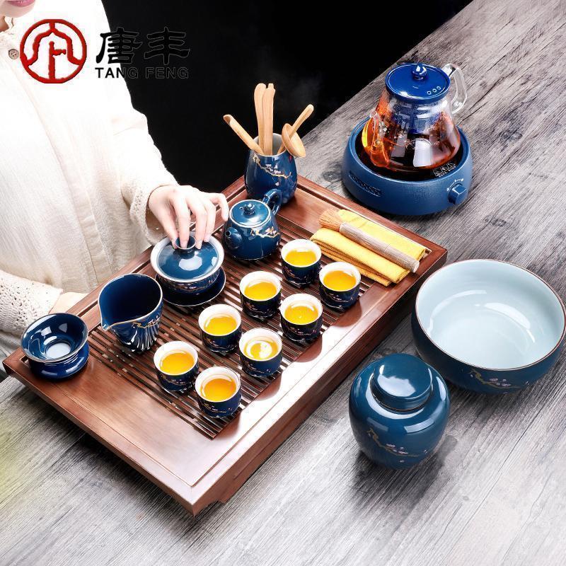 家柏饰(CORATED)功夫茶具套装实木家用茶盘霁蓝陶瓷泡茶壶杯电陶炉玻璃煮茶器