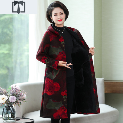 SUNTEK中老年女装秋冬连帽加绒风衣胖妈妈加肥加大码中长款印花棉衣外套风衣