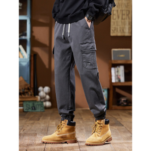 秋冬新款莱赛尔工装裤男厚款时尚潮牌美式户外登山休闲束脚裤刺绣