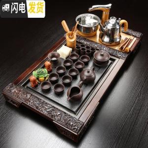 三维工匠整套功夫茶具全套套装家用简约实木茶盘茶道配件紫砂陶瓷茶壶茶杯 套装20九龙万福+黑紫砂+全自动 30件