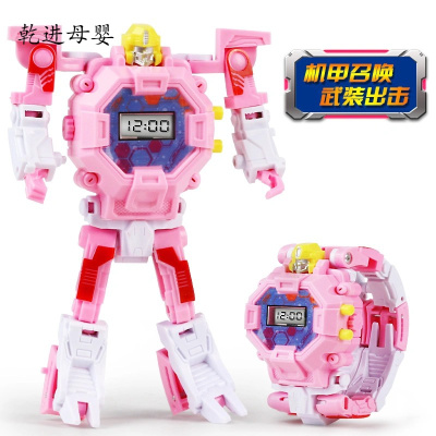 新品直营-‼️儿童变形电子手表玩具卡通金刚玩具机器人变身男女孩学生玩具（礼品盒）变形手表（粉色）