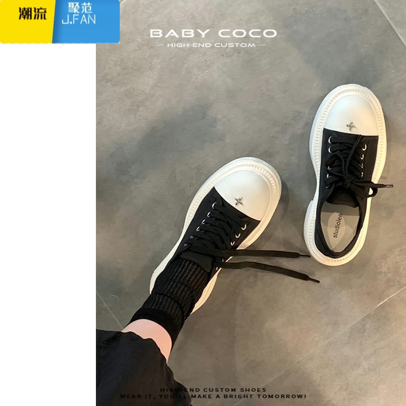 聚范版~大圆头十字花厚底帆布鞋女英伦小个子增高德比单鞋小皮鞋