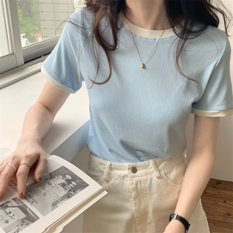 休闲打底衫上衣女修身短袖T恤女夏拼色韩版学生圆领女装