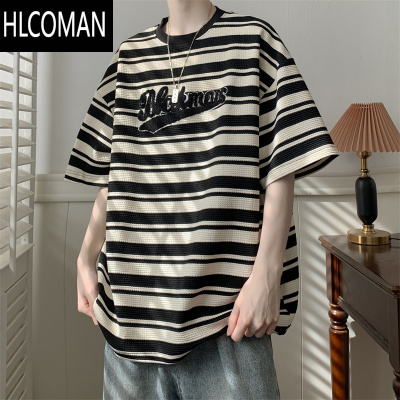 HLCOMAN夏季港风复古圆领短袖t恤男潮流撞色休闲条纹宽松五分袖体恤上衣