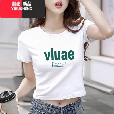 YIBUSHENG季短款短袖t恤女2024新款欧货休闲百搭别致体恤上衣ins印花