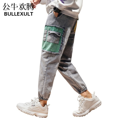公牛欢腾2019秋季束脚牛仔裤男士宽松个性哈伦裤韩版潮流ins超火的男工装裤子
