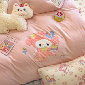 高克重牛奶绒卡通刺绣四件套冬季加厚珊瑚绒绣花被套床上用品套件