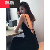 YIBUSHENG赫本小黑裙黑色高冷御姐风吊带连衣裙女季法式性感露背开叉长裙