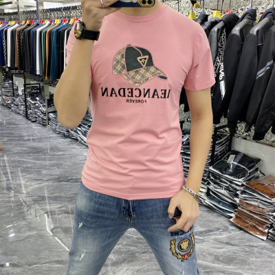 欧洲站夏季短袖T恤男修身棒球帽印花烫钻高端欧货丝光棉圆领体恤_1