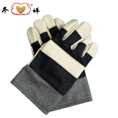 冬祥帆布衬牛皮短袖五指手套一副