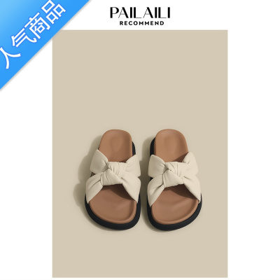 SUNTEK厚底仙女风凉鞋半拖鞋2022年女新款夏季外穿平底蝴蝶结防滑沙滩鞋