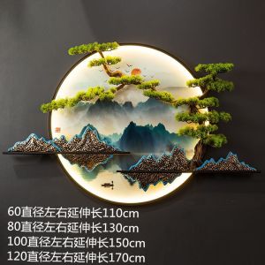 维诺亚新中式客厅沙发背景墙装饰画带灯迎客松挂件圆形茶台玄关壁画