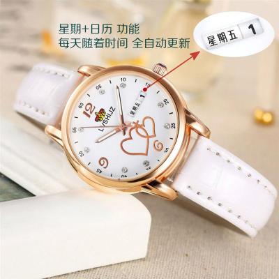 铭侣石英表男女新款手表女士双日历星期真皮带手表女学生夜光时尚防水女款石英表