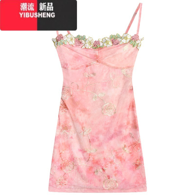YIBUSHENG法式甜辣风复古网纱印花吊带连衣裙女季新款修身显瘦包臀短裙子