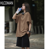 HLCOMAN深咖色日系风男装t恤高克重廓形三本针短袖男夏季落肩七分袖