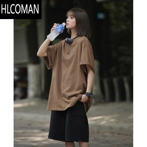 HLCOMAN深咖色日系风男装t恤高克重廓形三本针短袖男夏季落肩七分袖