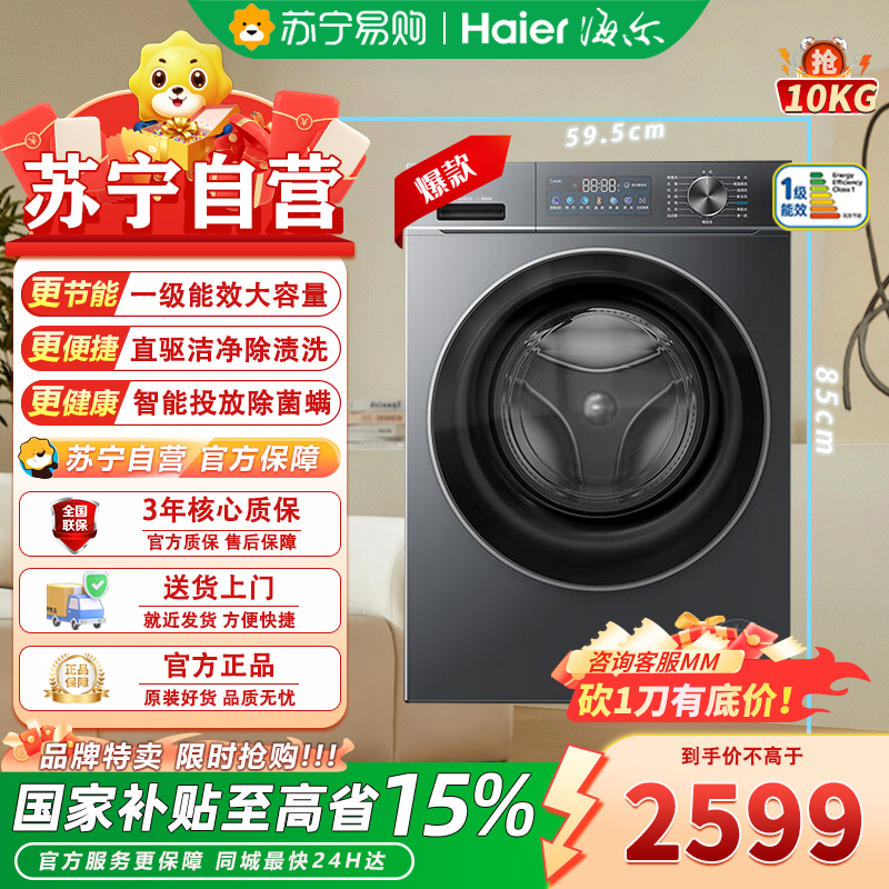 海尔(Haier)10公斤滚筒洗衣机追光BE836直驱变频精华洗智能投放除菌螨 XQG100-BE836