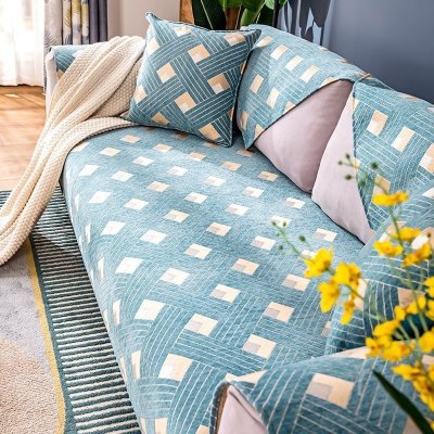 家柏饰(CORATED)北欧四季通用沙发垫防滑简约全包萬能沙发套罩布艺沙发巾沙发盖布 几何蓝 110*180cm