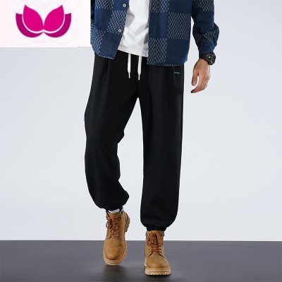 七斓运动裤子男款宽松束脚休闲卫裤长裤大码美式潮牌黑灰色针织