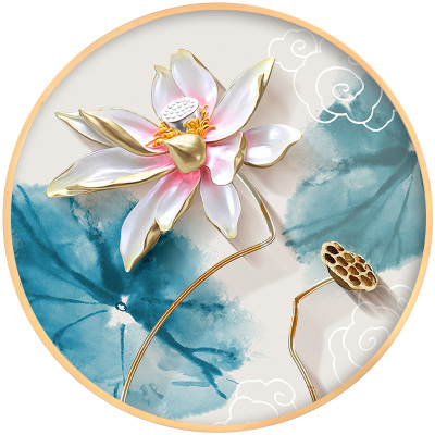 新中式水墨浮荷花禅意创意圆形实木装饰画现代客厅电表箱挂画 b1款