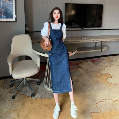卡恋洛2021年春夏款穿搭女装法式牛仔吊带连衣裙子夏季两件套装女