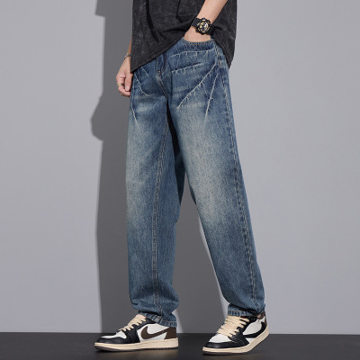基础款斜纹牛仔裤男复古水洗猫须裤宽松阔腿直筒休闲长裤