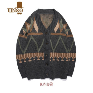 YANXU男装2023新款毛衫针织衫撞色毛衣男V领民族风开衫外套