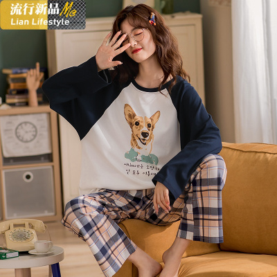 恋名媛柯基情侣睡衣春秋款长袖棉女可爱卡通男士棉家居服套装秋冬季睡衣