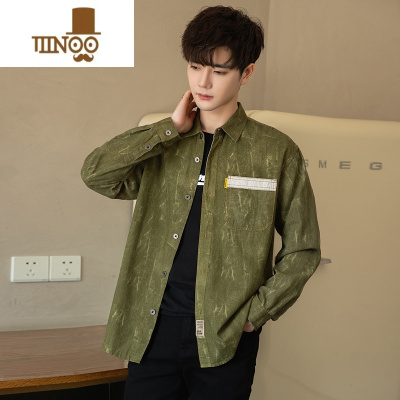YANXU日系痞帅长袖衬衫男外套秋季新款潮牌休闲青年拼色花薄款衬衣