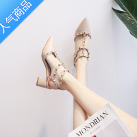 SUNTEK包头凉鞋女2023年新款夏季百搭配裙仙女中粗跟铆钉高跟罗马鞋单鞋