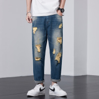 胖子潮牌春夏子萝卜裤韩版大码裤男士宽松九分薄款破洞牛仔裤乞丐