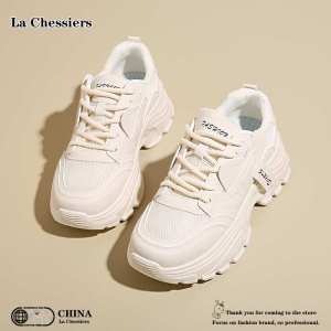 La Chessiers老爹鞋女鞋春秋新款网面透气厚底百搭低帮鞋休闲运动休闲鞋 米色 37码