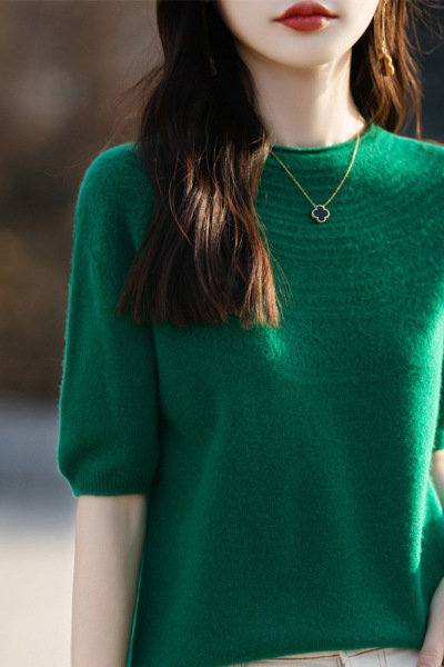 优雅女装镂空圆领短袖女春夏新款宽松圆领打底衫针织衫