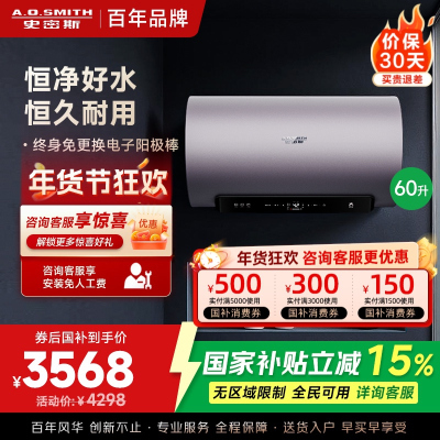 AO史密斯60升电热水器 国家补贴 金圭内胆 双棒分离速热 免换镁棒 免清洗短款 E60ED8-B