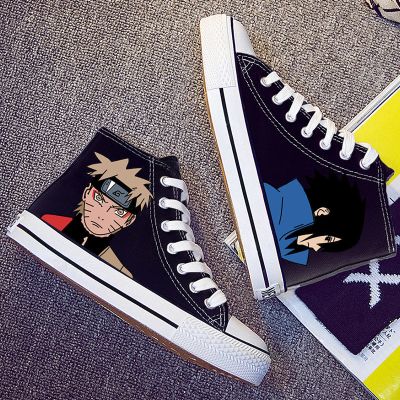 帆布鞋男春季高帮动漫涂鸦黑色板鞋男初中学生休闲运动鞋子威珺
