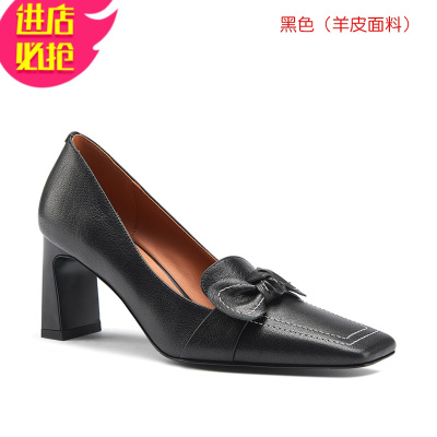 金三志皮法式高跟单鞋女粗跟春秋新款蝴蝶结气质复古棕色深口方头女鞋休闲鞋