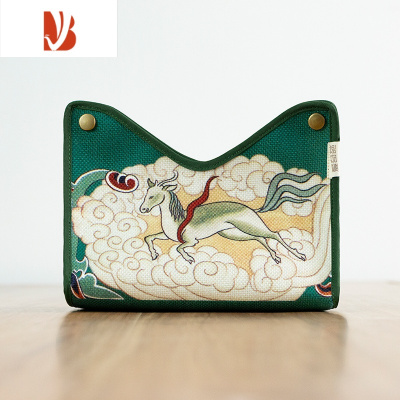 三维工匠爱奇葩中式布艺纸巾盒茶室客厅餐厅轻奢多抽纸盒收纳袋 敦煌瑞兽-瓦松绿-抽纸盒 暗扣多功能款