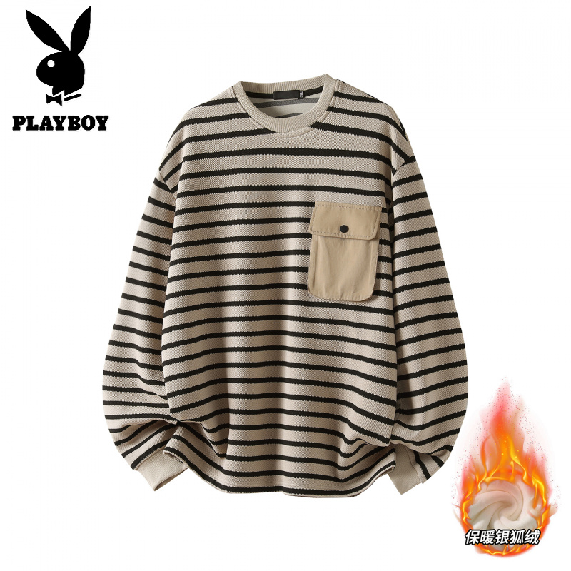 花花公子新款高品质MP&潮牌重磅圆领加绒条纹卫衣男秋冬套头长袖上衣