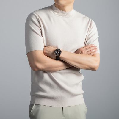 16针莱赛尔可机洗羊毛衫男秋冬新款半高领打底短袖毛衣男