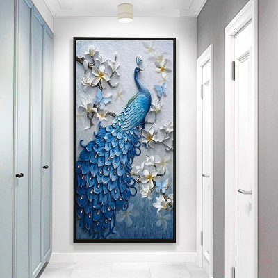 舒厅玄关装饰画进门竖版走廊过道新中式荷花挂画入户现代简约客厅画富贵孔雀40*80cm