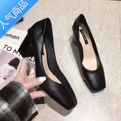 SUNTEK单鞋女2023春秋季新款复古方头软皮上班百搭粗跟两穿高跟鞋不累脚