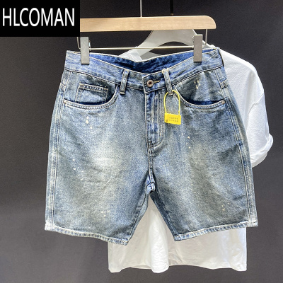 HLCOMAN2024新款喷漆泼墨牛仔短裤男潮牌宽松直筒夏季浅色洗水痞帅五分裤