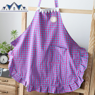 格子围裙带兜韩版时尚厨房防水防污成人挂脖半身围裙可爱女生家用 三维工匠