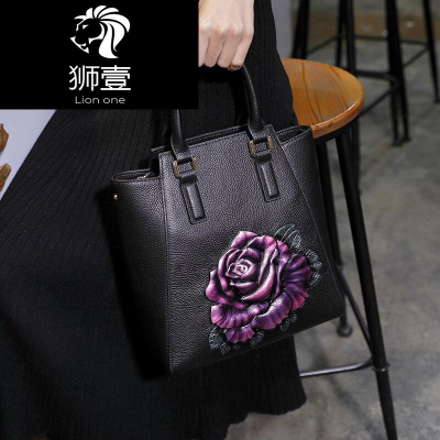 狮壹（Lionone）妈妈气质手提包2019新款真皮单肩斜挎包大容量手提女包复古牛皮包紫红牡丹-黑色默认颜色
